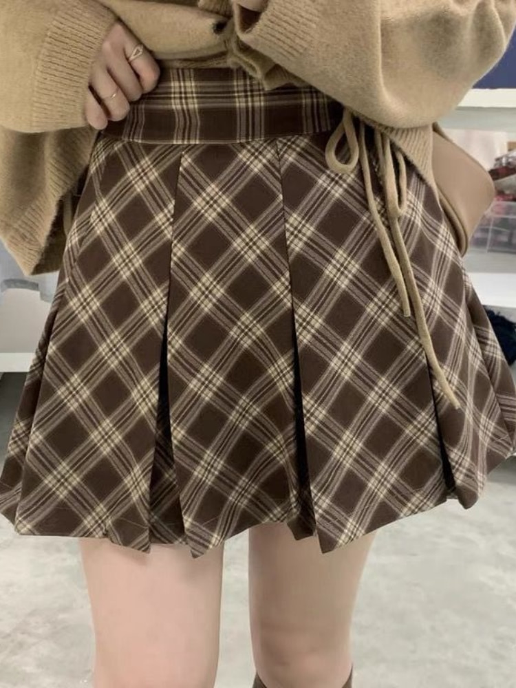 HOUZHOU Brown Plaid Mini Skirt Women High Waist Preppy Style Pleated Skirts Korean Fashion Streetwear Casual Vintage Autumn