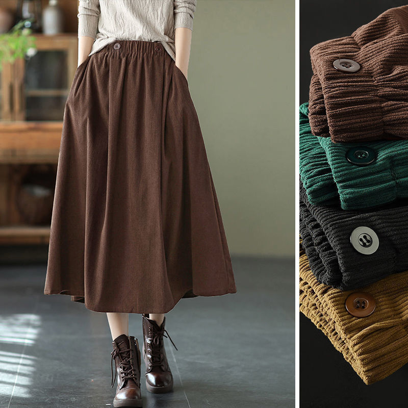 Skirts Long for Women Fashion 2022 Korean Streetwear Harajuku Midi  Japanese Style Brown Retro Corduroy Skirt Elegant Woman