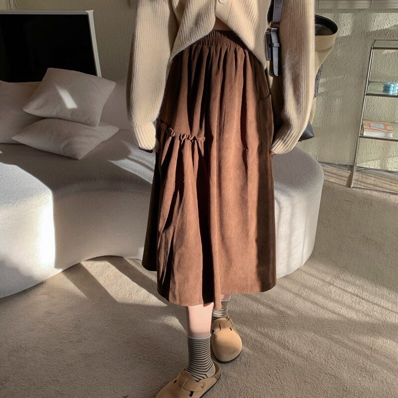Lucyever Retro Brown Corduroy Skirts for Women Elastic Waist A Line Loose Casual Mid Calf Skirt Female Autumn Winter Long Skirt
