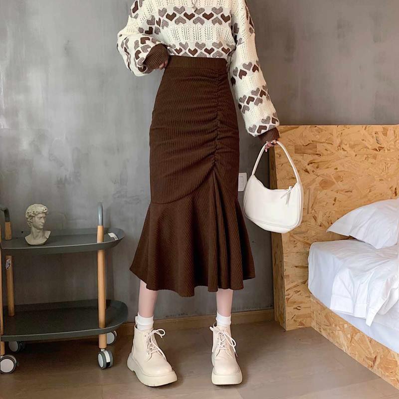 Fashion Korean High Waist Women's Dress 2023 Spring Slim Hip Mermaid Dress Women Ruffles Brown Dress 2XL Long Skirts for Women