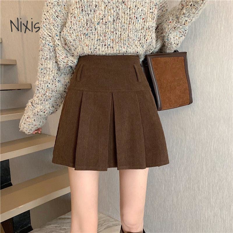 Brown Corduroy Pleated Skirt Women Vintage Korean Fashion Bottoms Casual High Waist A-line Skirts Autumn Mini Skirts Y2k Clothes