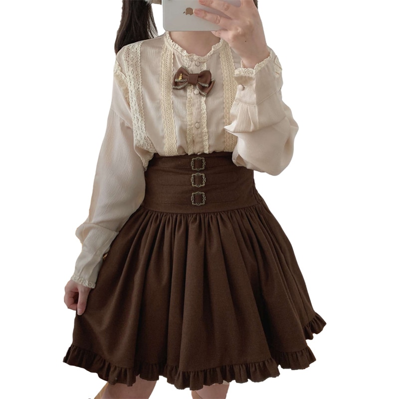 Fashion High Waist Skirt Women Girls Lolita Kawaii Gothic Black Elegant Vintage Mini Pleated Tutu Ruffle A Line Brown Puff Skirt