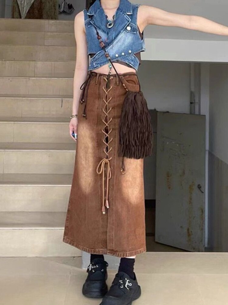 HOUZHOU Vintage Denim Skirt Women Streetwear Chic Bandage Brown Y2k Long Skirts Mid-Calf High Waist Korean Fashion Harajuku