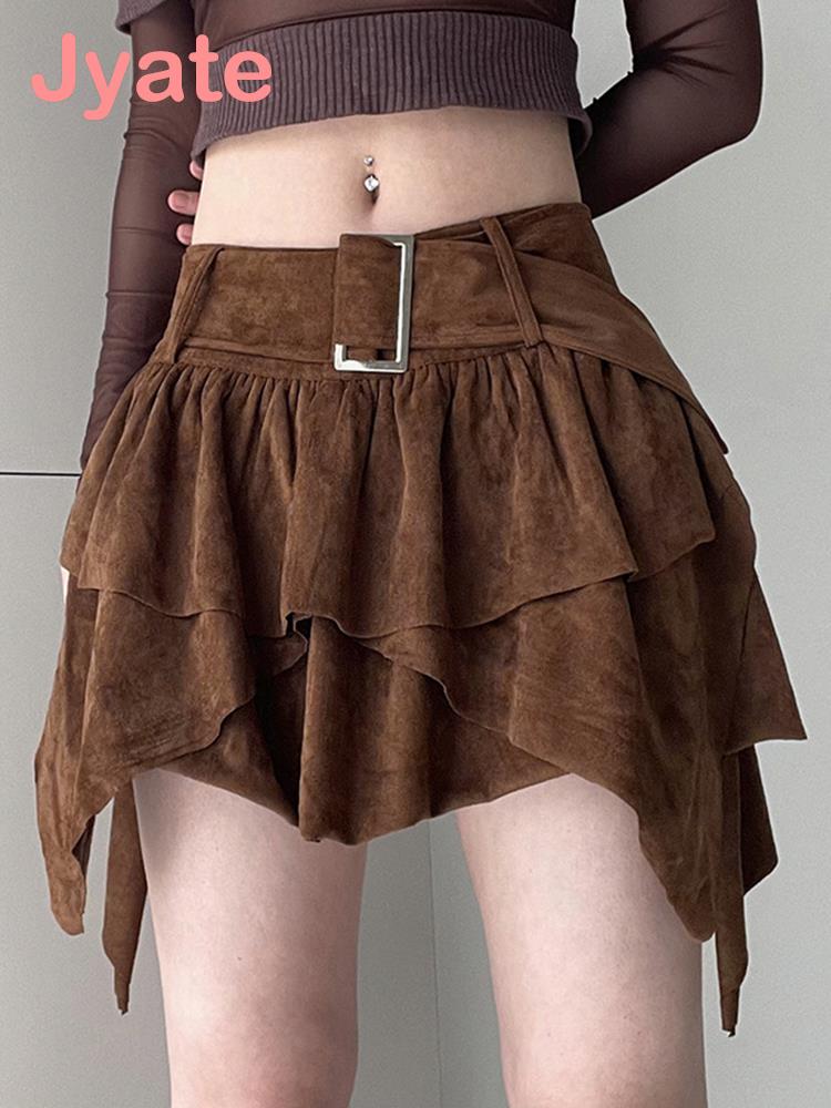 Sweet Hot Wide Belt Pleated Design Skirts Women Brown Ruffles Y2k Mini Skirt Korean Harajuku Summer Skirts Fairycore Outfits