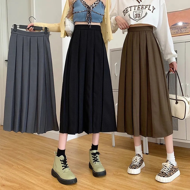 Simple Women Commute Pleated Long Skirts Korean High Waist Chic Elegant Lady A-line Midi Skirt Vintage Brown Girls Preppy Style