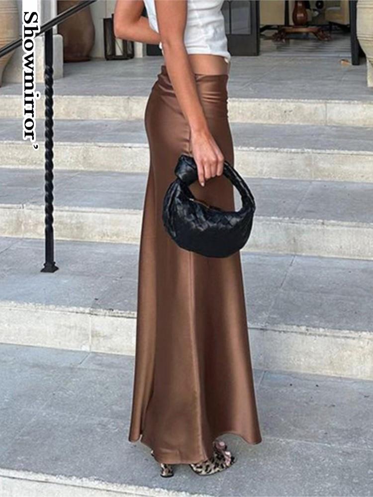 Elegant Satin Maxi Dres Female Low Rise Long Skirt Brown Vintage Streetwear Casual Slim Fit Satin Maxi Skirt Party Outfits