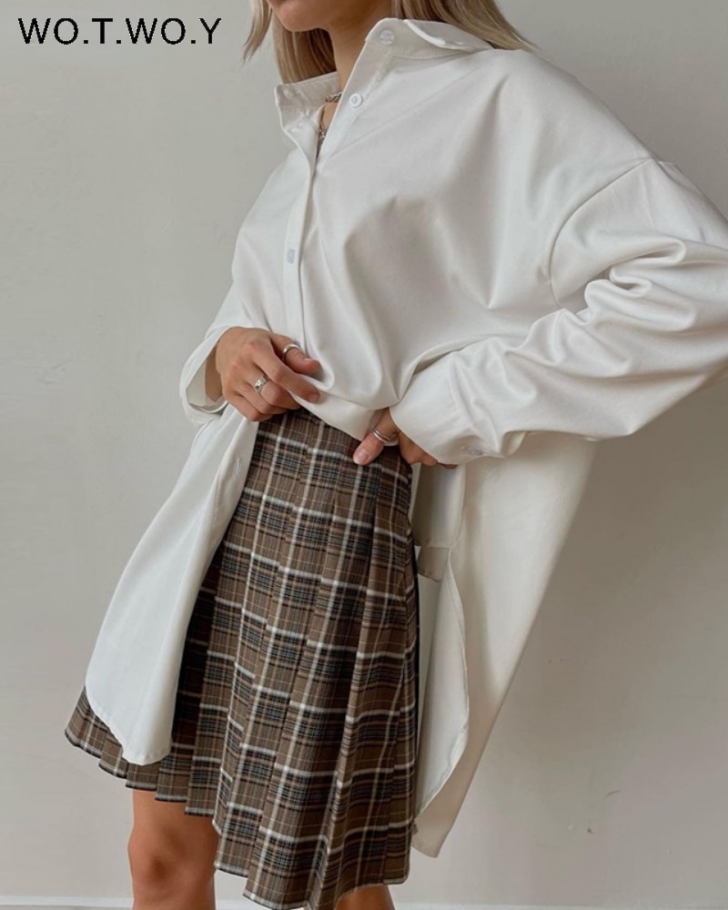 WOTWOY High Waist Pleated Short Skirt Women Casual A Line Brown Plaid Mini Skirts Female Harajuku 2023 Korean Style Kawaii Skirt