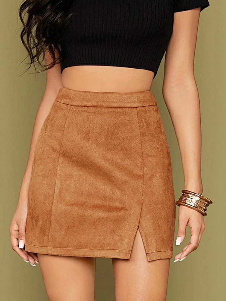 2023 Autumn Winter Suede Skirt Women A-line Skirt Female Brown Leopard Solid High Waist Short Mini Skirt For Women
