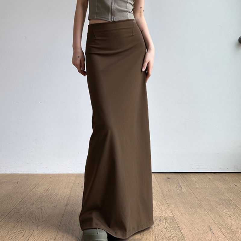 Vintage Brown Skirts Women Korean Fashion High Waist Straight Split Office Long Skirt 2023 Autumn Elegant Ladies Club Maxi Skirt