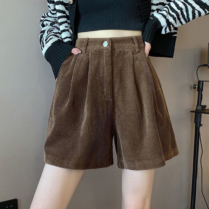 Lucyever 2022 New Corduroy Women's Shorts Spring Summer High Waist Wide Leg Shorts Female Casual Loose Brown Short Trousers