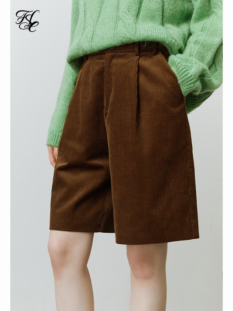 FSLE Corduroy Capris Autumn Winter Retro High Waist Casual Pants Straight Shorts Solid Women 100% Cotton Casual Brown Shorts