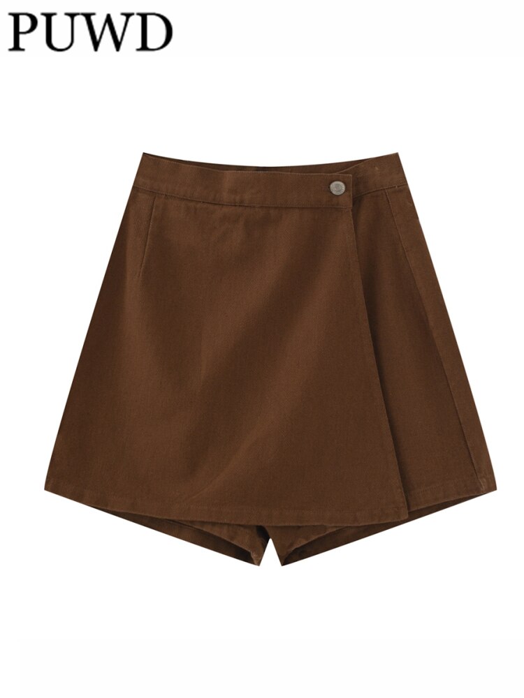 PUWD Women Brown Fake 2 Pieces Of Irregular Shorts 2023 Summer Retro Ladies High Waist Bottoms Female Solid Color Shorts