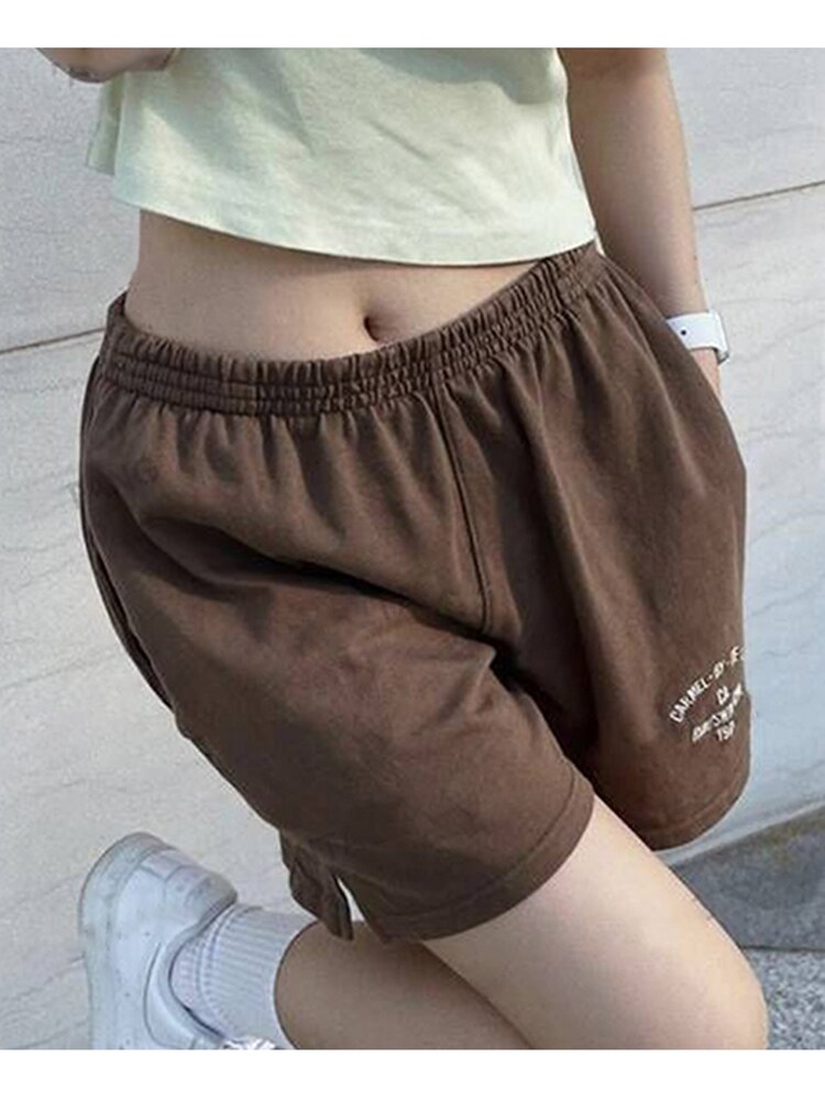 Letter Embroidery Loose Shorts Women Summer Casual Soft Cotton Elastic High Waist Sweatshorts Woman Vintage Brown Y2k Shorts