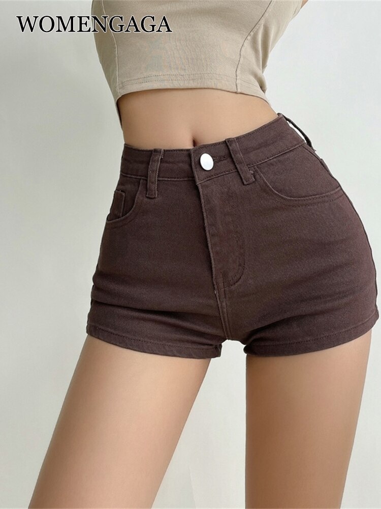 WOMENGAGA High Waist Slim Straight Slim Leg Long Denim Shorts Women's Summer Hip Skinny Sexy Korean Women Mini brown Shorts M8CJ
