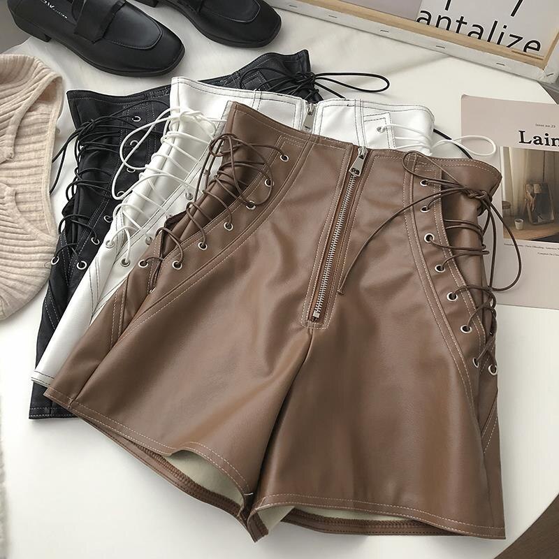 Women's New Korean Design Zipper Drawstring High Waist Pu Leather Shorts Black White Brown