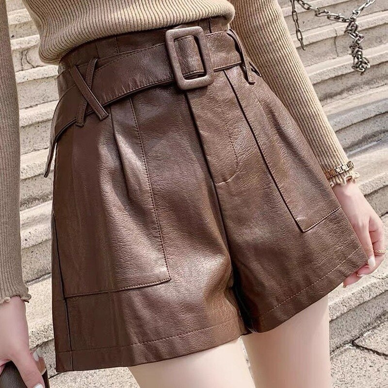 2022 New Outerwear Spring and Autumn Models High-waisted Thin Wide-leg Shorts Brown Coffee-colored Pu Leather Pants Women