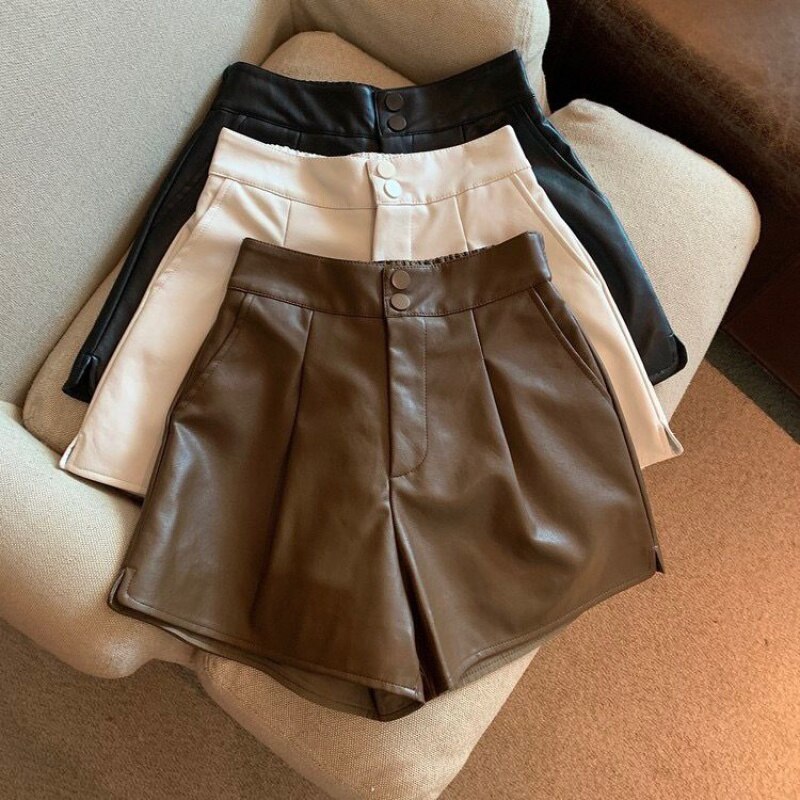 Y2K Streetwear PU Leather Brown Shorts Women Elegant High Waist White A Line Wide Leg Suit Short Sexy Club Slim Hot Short Pants