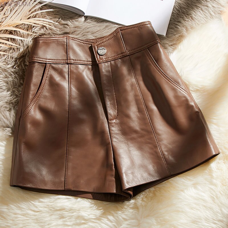 Genuine Leather Pants Women 2023 Korean Fashion High Waist Shorts A Line Wide Leg Short Pants Real Sheepskin Shorts Brown Short