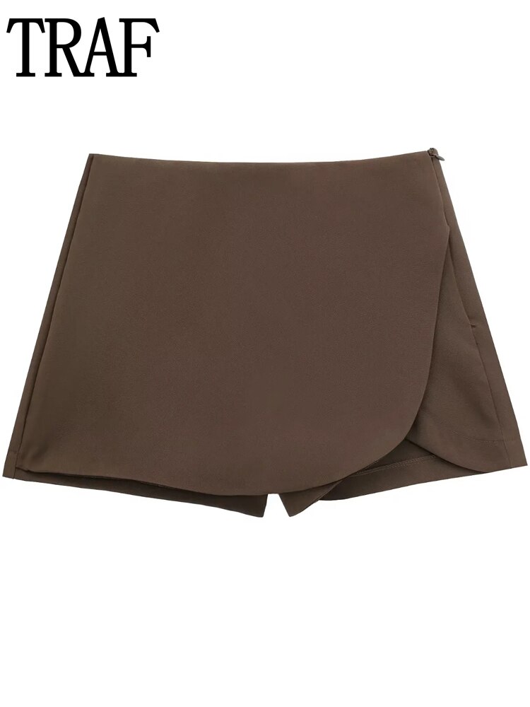 TRAF Brown Women's Skort New Collection 2022 Women High Waist Short Woman Black Shorts For Women Autumn Streetwear Pink Shorts
