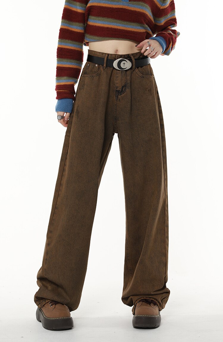 High Waist Women's Brown Jeans Straight Pants Y2K Streetwear Baggy Wide Leg Denim Trouser American Fashion Length Ladies Jeans High Waist Women's Brown Jeans Straight Pants Y2K Streetwear Baggy Wide Leg Denim Trouser American Fashion Length Ladies Jeans