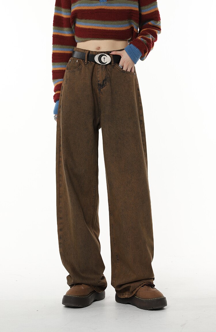 High Waist Women's Brown Jeans Straight Pants Y2K Streetwear Baggy Wide Leg Denim Trouser American Fashion Length Ladies Jeans High Waist Women's Brown Jeans Straight Pants Y2K Streetwear Baggy Wide Leg Denim Trouser American Fashion Length Ladies Jeans