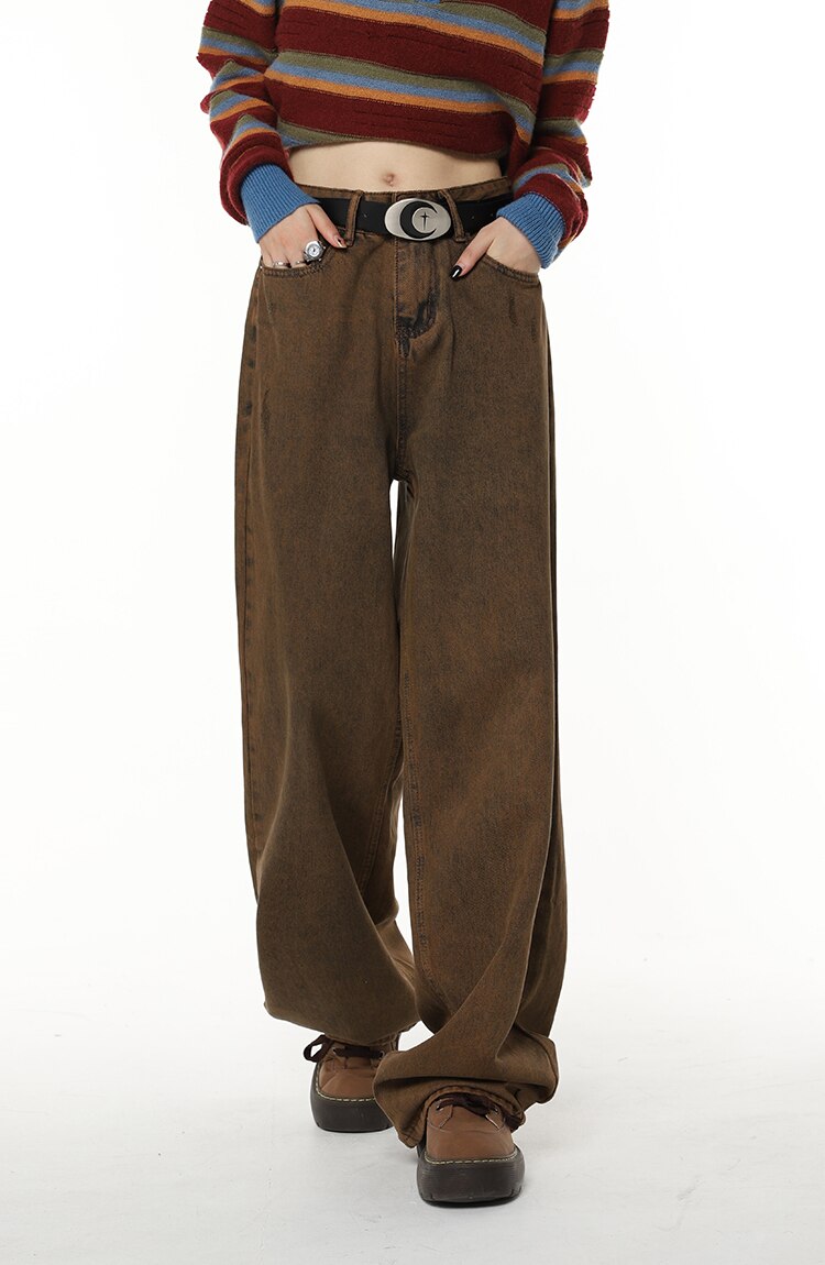 High Waist Women's Brown Jeans Straight Pants Y2K Streetwear Baggy Wide Leg Denim Trouser American Fashion Length Ladies Jeans High Waist Women's Brown Jeans Straight Pants Y2K Streetwear Baggy Wide Leg Denim Trouser American Fashion Length Ladies Jeans
