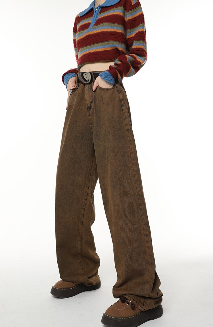 High Waist Women's Brown Jeans Straight Pants Y2K Streetwear Baggy Wide Leg Denim Trouser American Fashion Length Ladies Jeans High Waist Women's Brown Jeans Straight Pants Y2K Streetwear Baggy Wide Leg Denim Trouser American Fashion Length Ladies Jeans