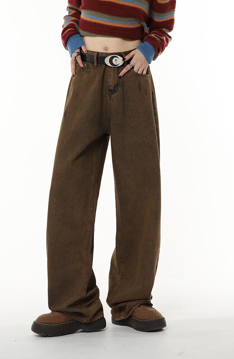 High Waist Women's Brown Jeans Straight Pants Y2K Streetwear Baggy Wide Leg Denim Trouser American Fashion Length Ladies Jeans High Waist Women's Brown Jeans Straight Pants Y2K Streetwear Baggy Wide Leg Denim Trouser American Fashion Length Ladies Jeans