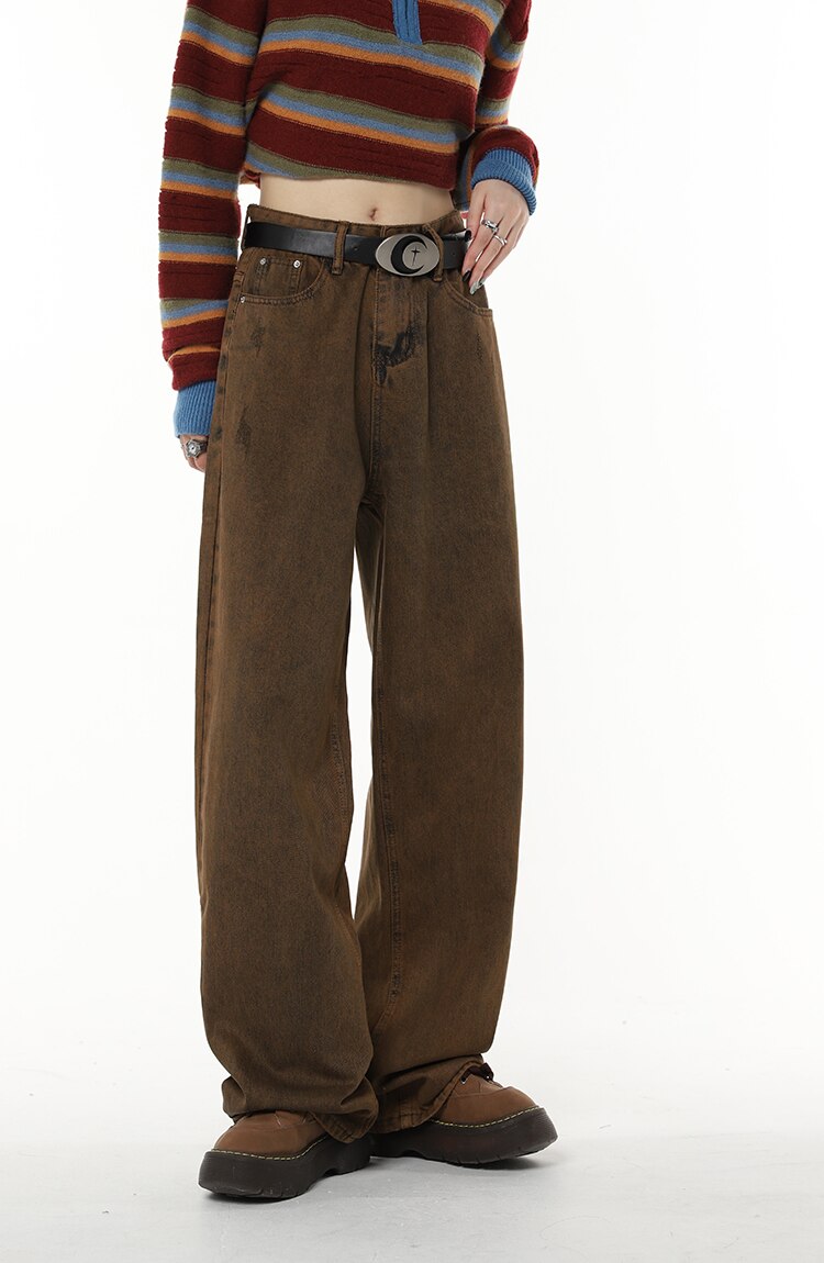 High Waist Women's Brown Jeans Straight Pants Y2K Streetwear Baggy Wide Leg Denim Trouser American Fashion Length Ladies Jeans High Waist Women's Brown Jeans Straight Pants Y2K Streetwear Baggy Wide Leg Denim Trouser American Fashion Length Ladies Jeans