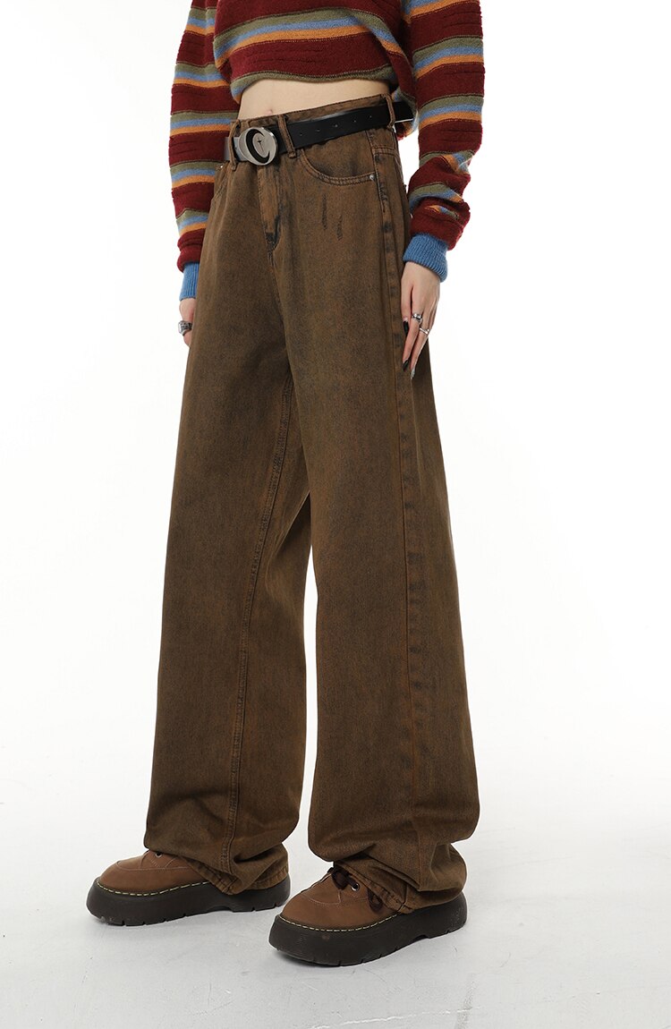 High Waist Women's Brown Jeans Straight Pants Y2K Streetwear Baggy Wide Leg Denim Trouser American Fashion Length Ladies Jeans High Waist Women's Brown Jeans Straight Pants Y2K Streetwear Baggy Wide Leg Denim Trouser American Fashion Length Ladies Jeans