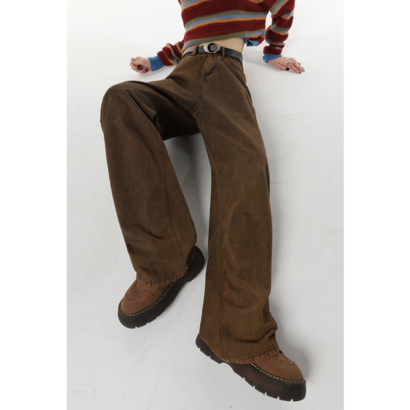 High Waist Women's Brown Jeans Straight Pants Y2K Streetwear Baggy Wide Leg Denim Trouser American Fashion Length Ladies Jeans