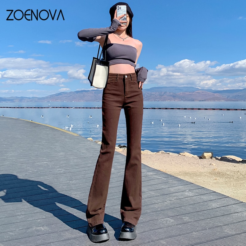 ZOENOVA Women Brown Flared Jeans Elastic Skinny Straight 2022 Summer Denim Pants Female Y2k Casual Streetwear Vintage Trousers