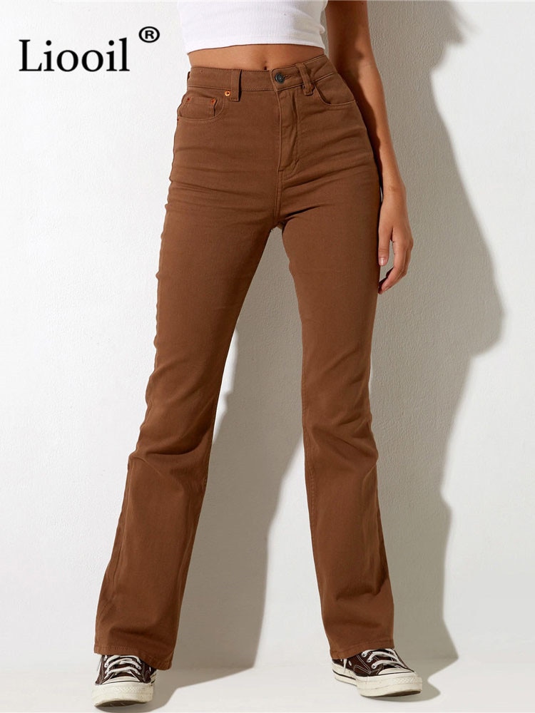 Women High Waisted Brown Stretch Jeans Straight Leg Pants With Pockets Streetwear Sexy Skinny Cotton Denim Trousers Long Pants