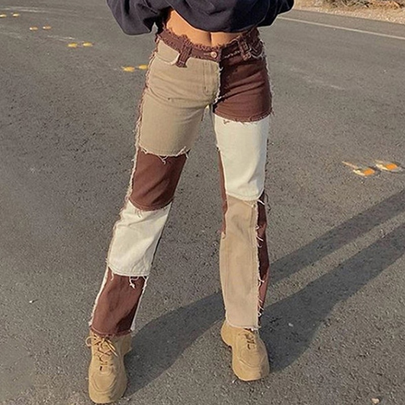 Autumn Brown Women Cowboy Striped Patchwork Jeans Street Casual Hip Hop High Waist Loose Straight Jeans Women's Fashion Pants
