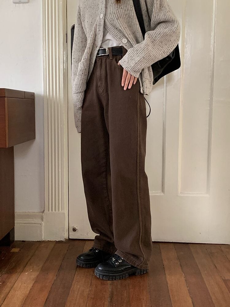 HOUZHOU Vintage Basic Brown Jeans Women Korean Fashion Harajuku Oversize Denim Pants Straight Trousers Japanese Style Pantalon