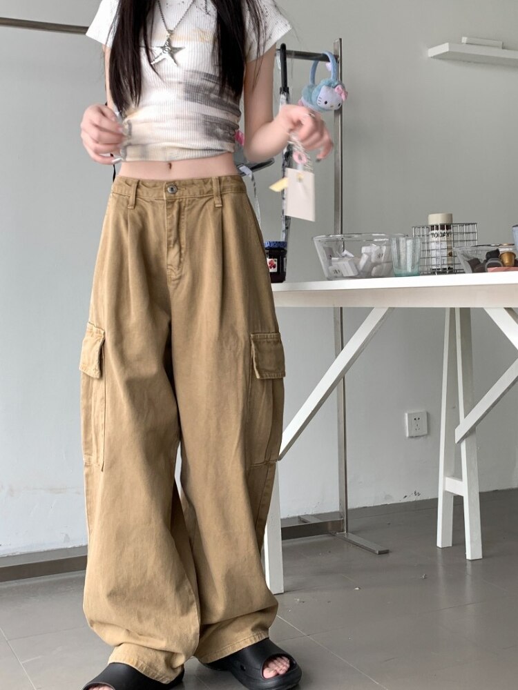 Deeptown Y2k Vintage Brown Denim Cargo Pants Women Korean Style Wide Leg Baggy Jeans Kpop Harajuku Streetwear Oversize Trousers