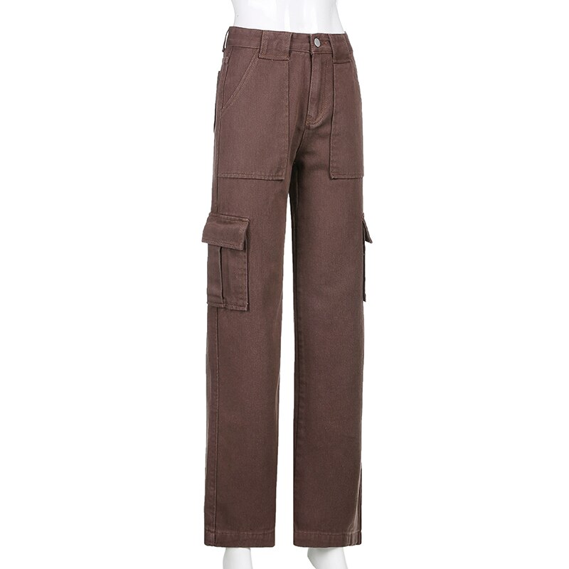IAMSURE Loose Oversize Brown Jeans Women 2021 Casual High Waisted Cargo Pants With Pockets Vintage Cotton Trousers Streetwear IAMSURE Loose Oversize Brown Jeans Women 2021 Casual High Waisted Cargo Pants With Pockets Vintage Cotton Trousers Streetwear