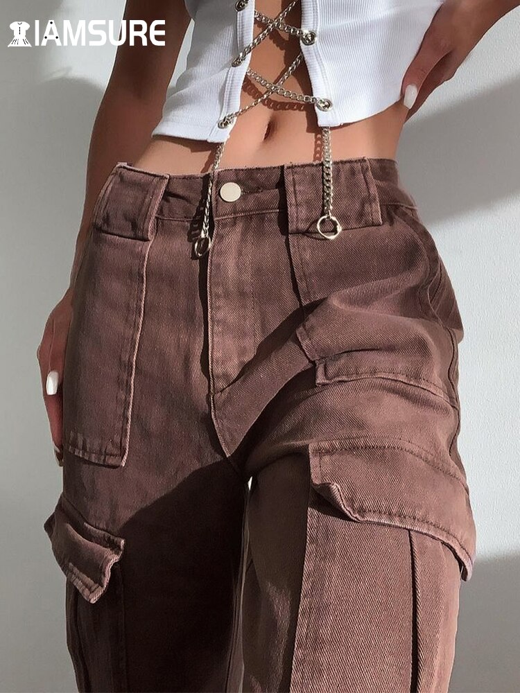 IAMSURE Loose Oversize Brown Jeans Women 2021 Casual High Waisted Cargo Pants With Pockets Vintage Cotton Trousers Streetwear