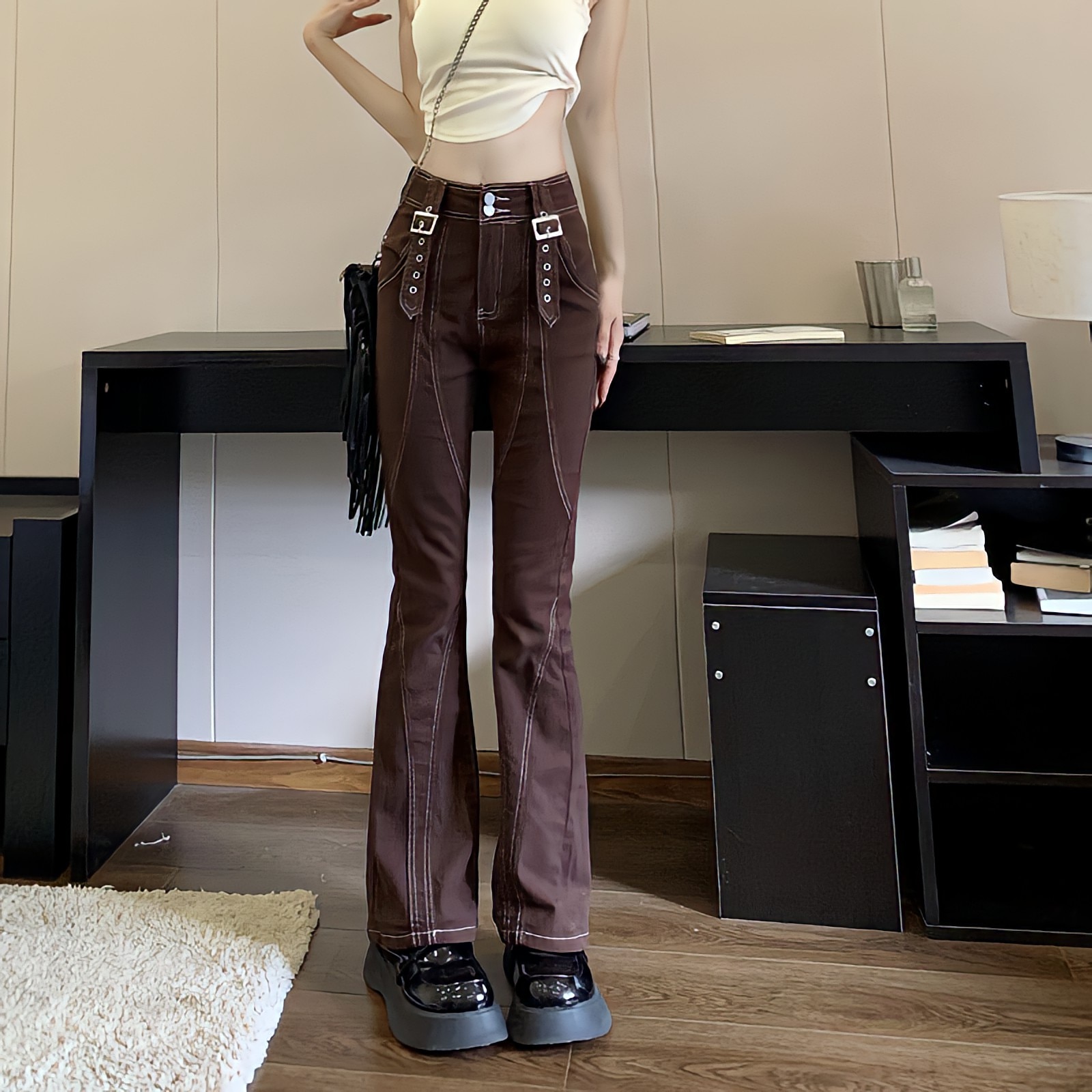 Brown Jeans Flared Pants Women High Waist Vintage Korean Fashion Y2k Streetwear Design Sense Commuter Casual Wide Leg Trousers