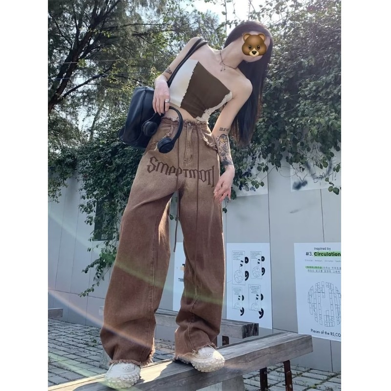 Streetwear Vintage Jeans High Waisted Brown Y2k Fashion Printing Raw Edge Trouser For Womens Summer Korean Style Denim Long Pant