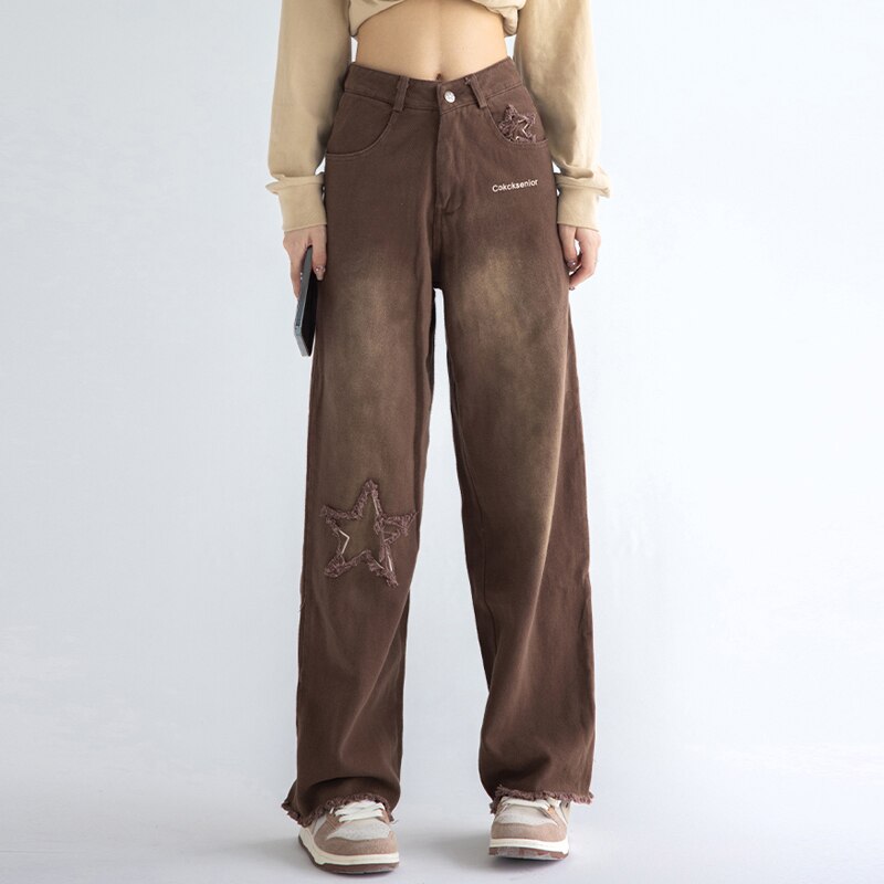 Korean Style Denim Trousers for Women Baggy Brown Jeans Y2k 90s Streetwear Straight Wide Leg Pants Autumn Winter Casual Femme