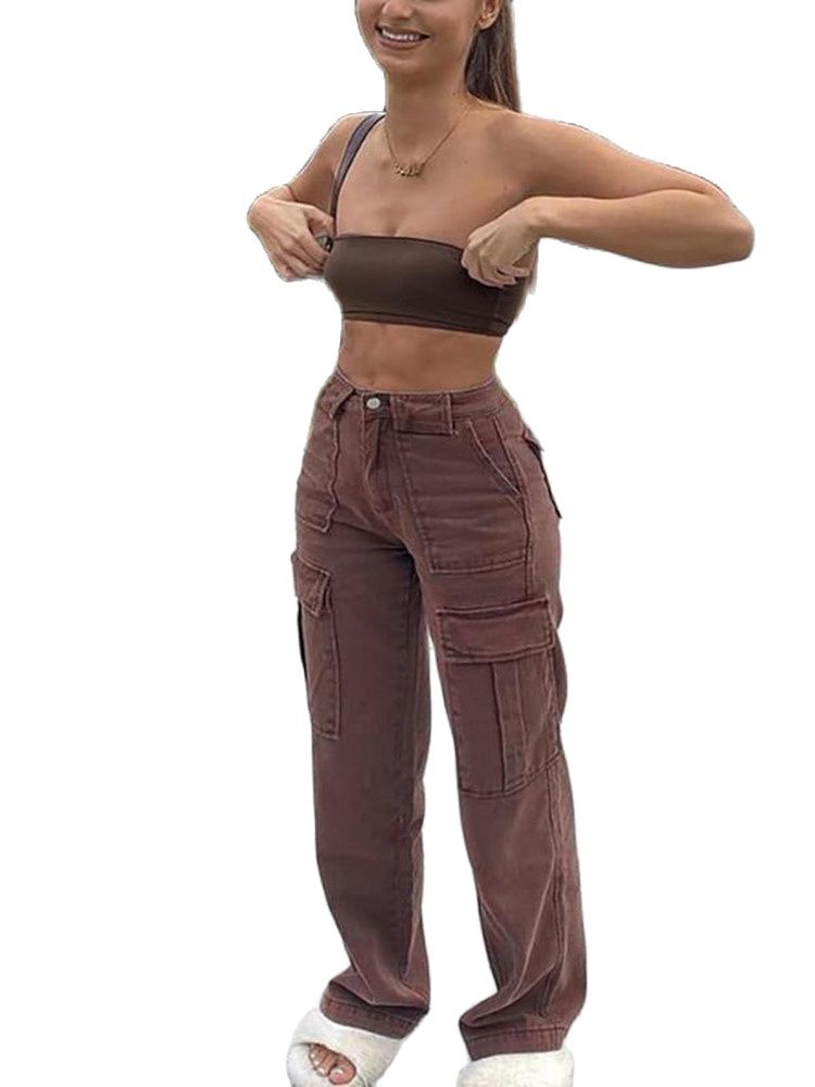 2023 New Fashion Loose Denim Wide Leg Pants Women Casual Multi Pocket Cargo Jeans Brown and Black Trousers S-XL Drop Shipping