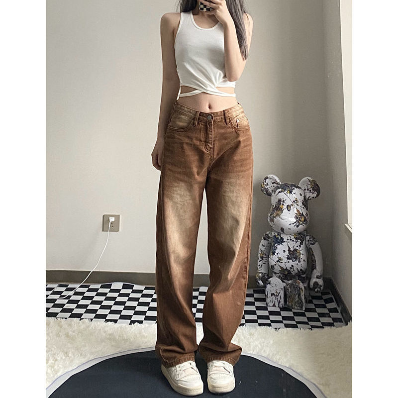 Women's Large Size Retro Brown Straight Jeans 2022 Autumn New Loose Korean Style Slimming Casual Wide-Leg Draggle-Tail Trousers