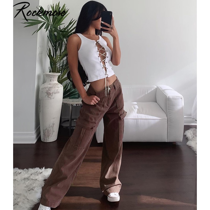 Rockmore Brown Vintage Baggy Jeans Women High Waist Pocket Cargo Pants 90s Streetwear Straight Trousers Harajuku Summer 2021