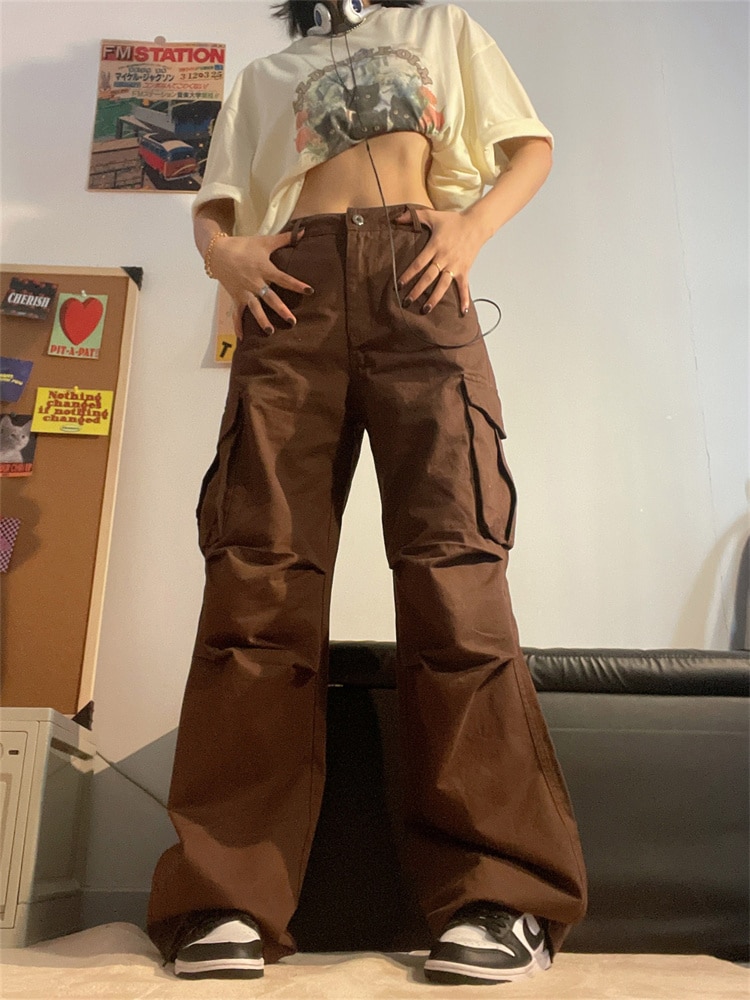 QWEEK Y2K Vintage Brown Cargo Pants Women 90s Streetwear Retro White Parachute Trousers Oversized Harajuku Egirl Wide Pantalon