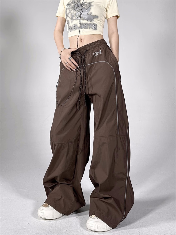 QWEEK Gorpcore Streetwear Brown Track Pants Women Y2K Vintage Black Cargo Trousers Oversized Reflective Wide Leg Gray Sweatpants