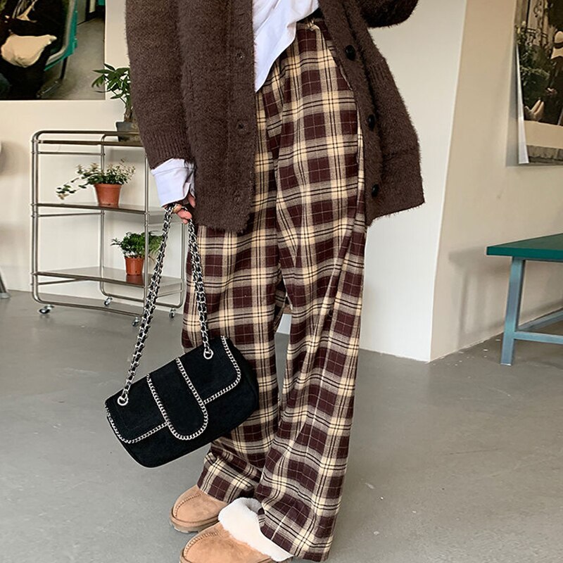 High Waist Women's Brown Plaid Pants Streetwear Oversize Wide Leg Checkered Trousers Woman 2023 Loose Y2K Retro Sweatpants Mujer