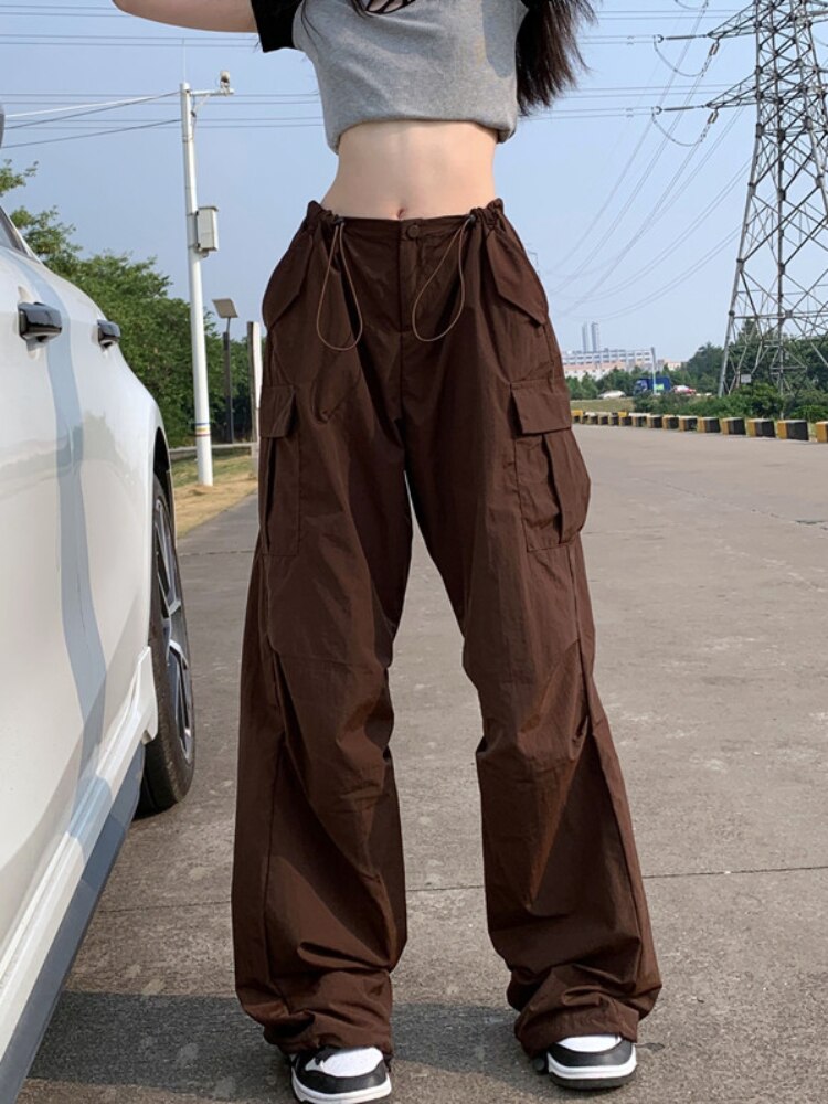 HOUZHOU Y2K Streetwear Brown Cargo Parachute Pants Women Vintage Retro Hippie Oversize Wide Leg Trousers Female 90s Aesthetic