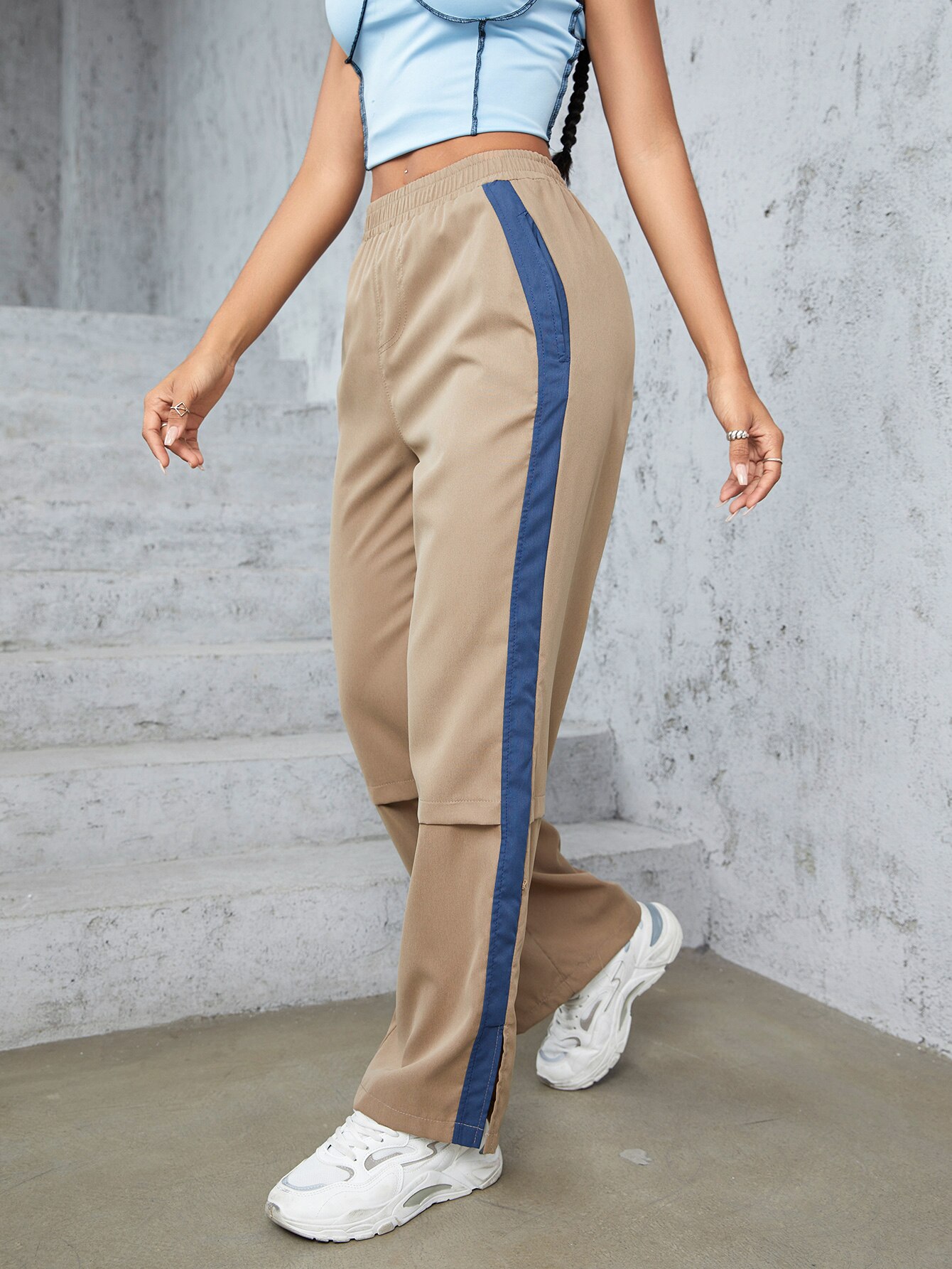 GILIPUR Casual Cargo Pants Contrast Side Stripe Sports Women's Elastic Waist Loose Straight Leg Khaki Overalls GILIPUR Casual Cargo Pants Contrast Side Stripe Sports Women's Elastic Waist Loose Straight Leg Khaki Overalls