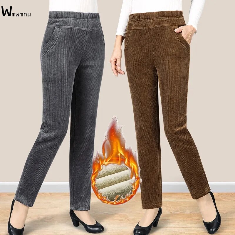 Casual Snow Wear Thick Warm Trousers Office Lady High Waist Stretch Fleece Bottoms Plus Velvet Corduroy Winter Pants Women Brown